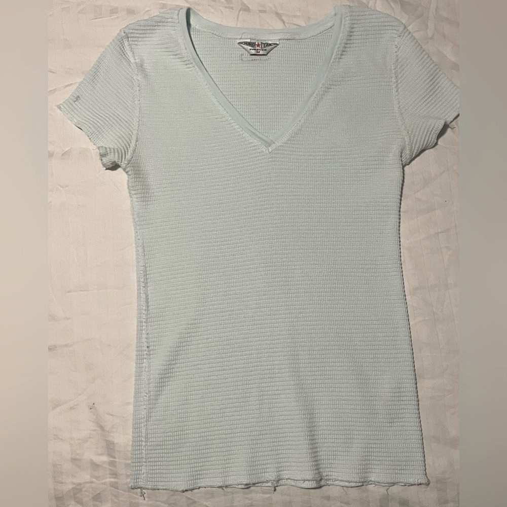 Hard Tail Light Blue V-Neck Ribbed Short Sleeve Top